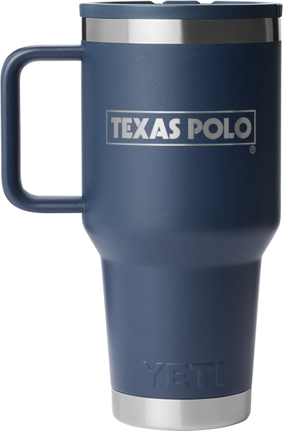 Navy YETI travel mug with Texas Polo logo.