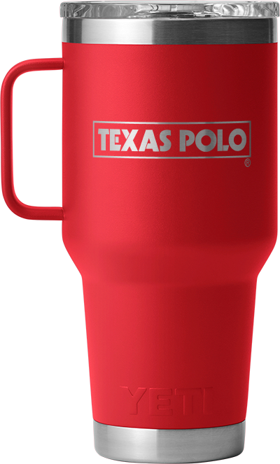 Red YETI travel mug with Texas Polo logo.