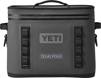 Black YETI cooler with grey Texas Polo logo.