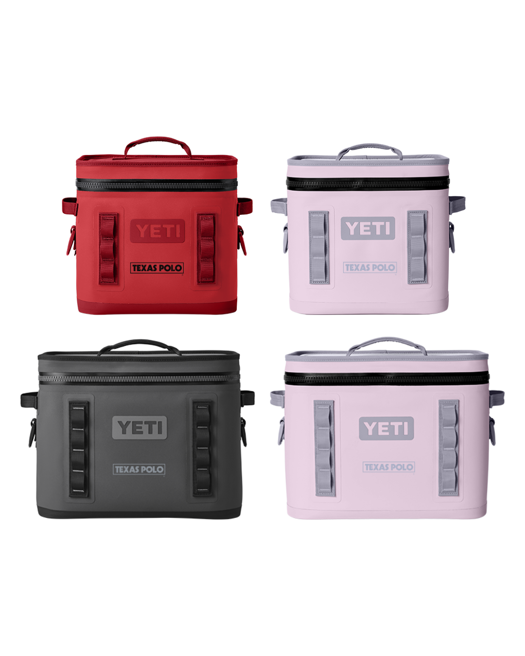 Four YETI coolers in red, pink, and black, branded with the Texas Polo logo.