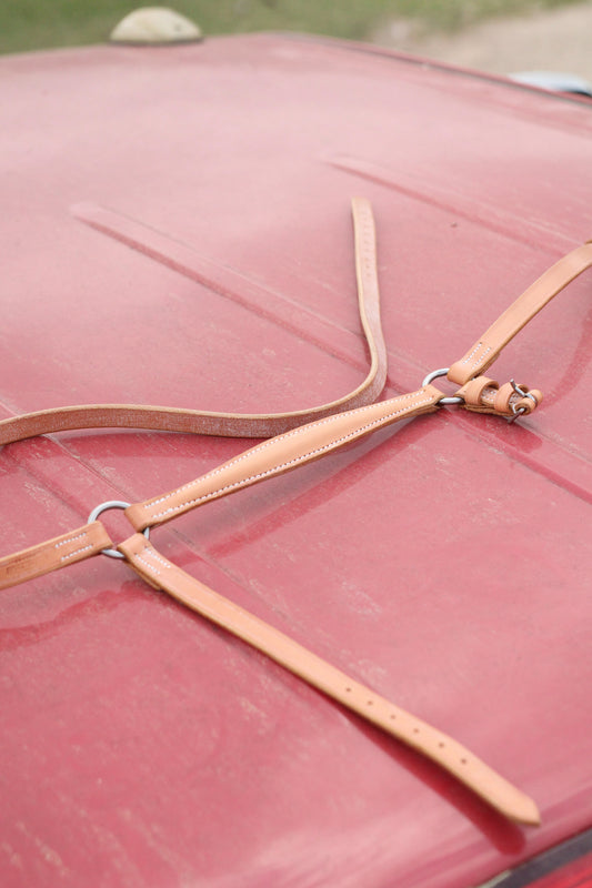 Tan leather dropnose band sitting on a red surface.