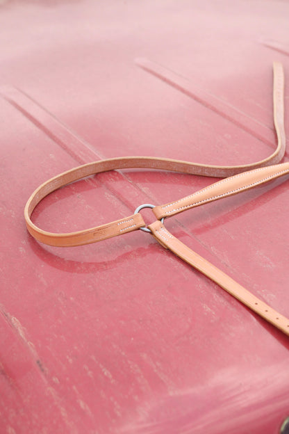 Close up of tan leather dropnose band on a red surface.