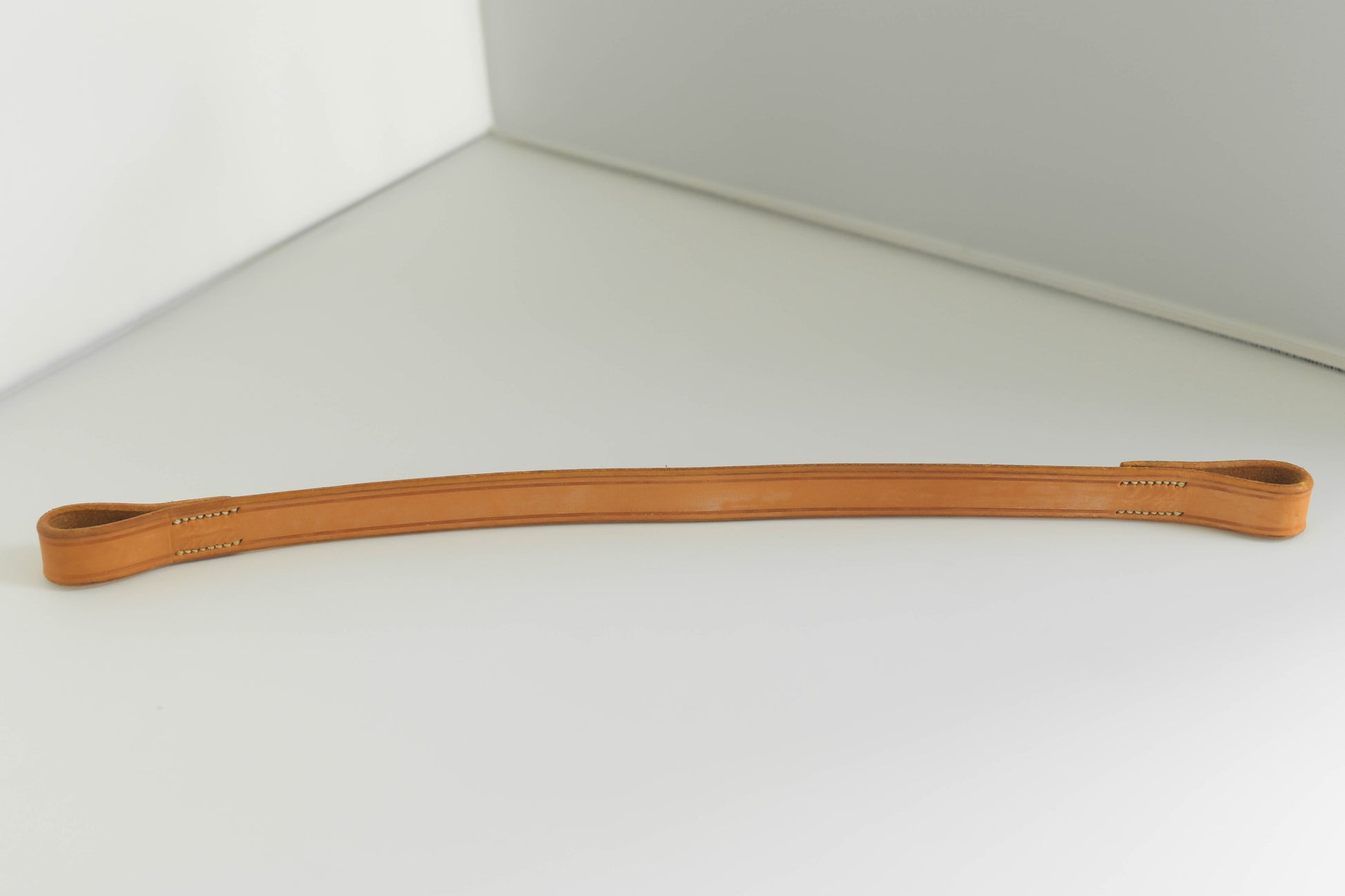 Leather brow band on a white surface.