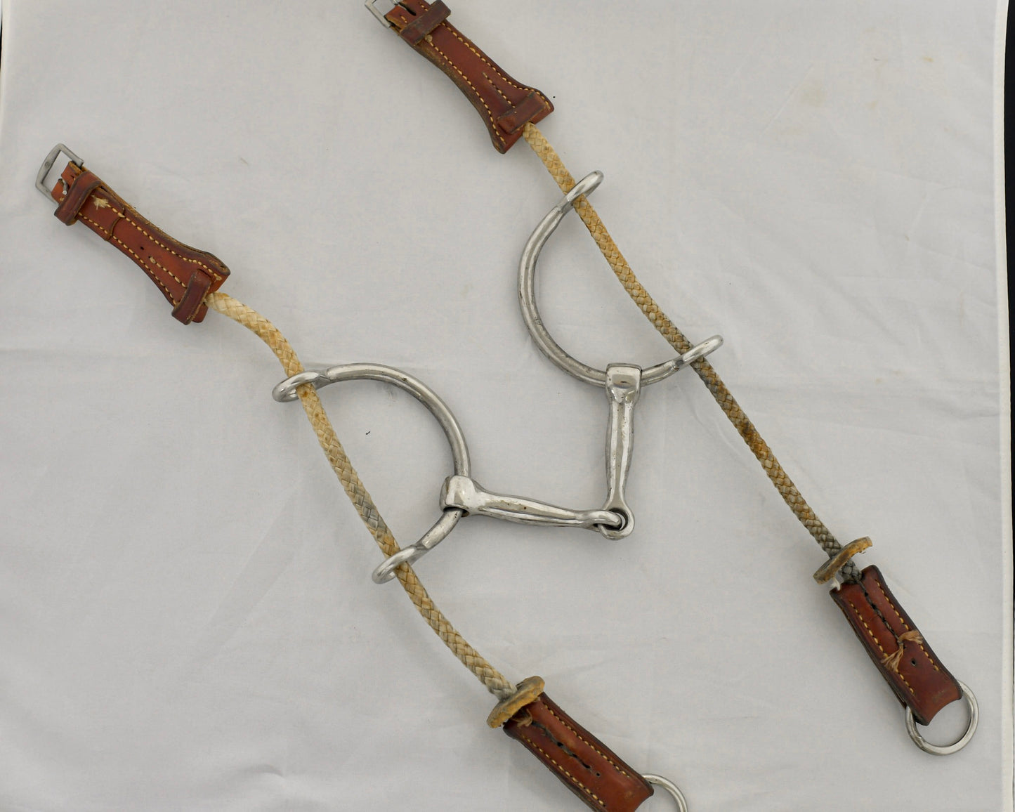 Large balding gag horse bit on a white surface.