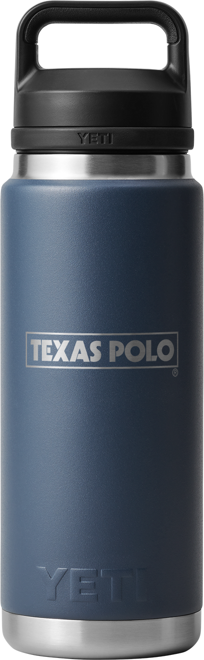 Navy YETI water bottle with Texas Polo logo.