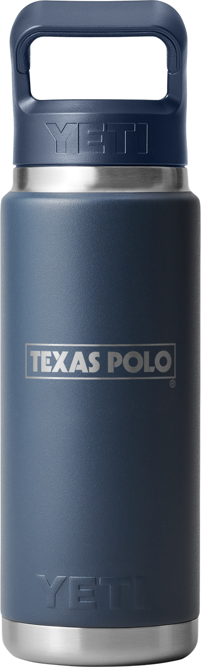 Navy YETI water bottle with Texas Polo logo.