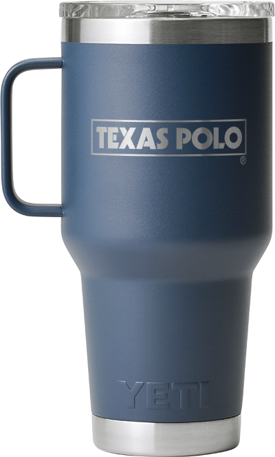 Navy YETI travel mug with Texas Polo logo.