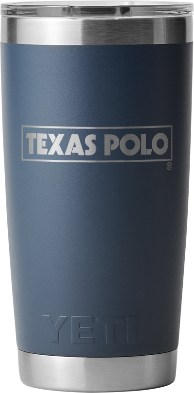 Navy YETI tumbler with Texas Polo logo.