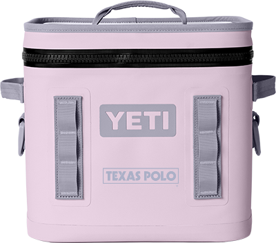 Pink YETI cooler with grey Texas Polo logo.