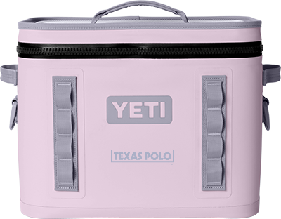Pink YETI cooler with grey Texas Polo logo.