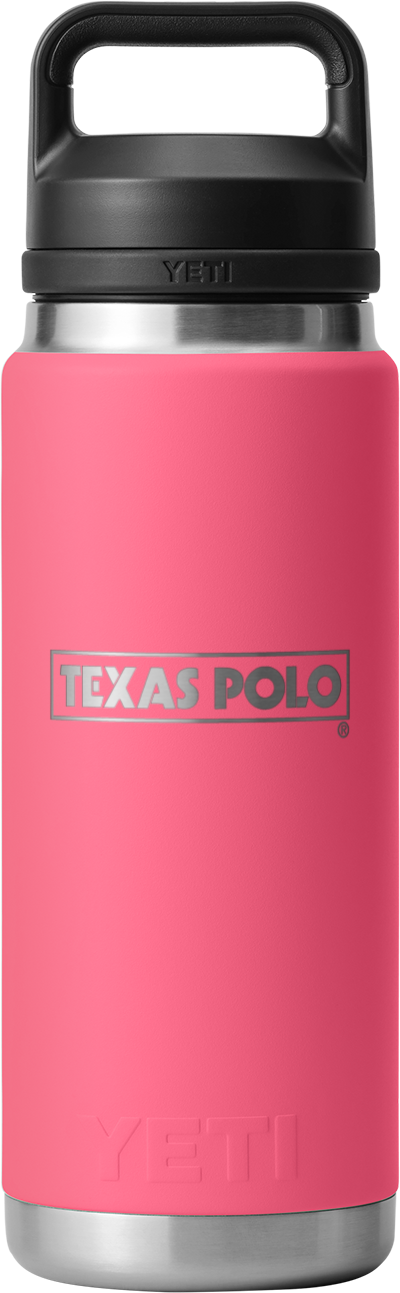 Pink YETI water bottle with Texas Polo logo.