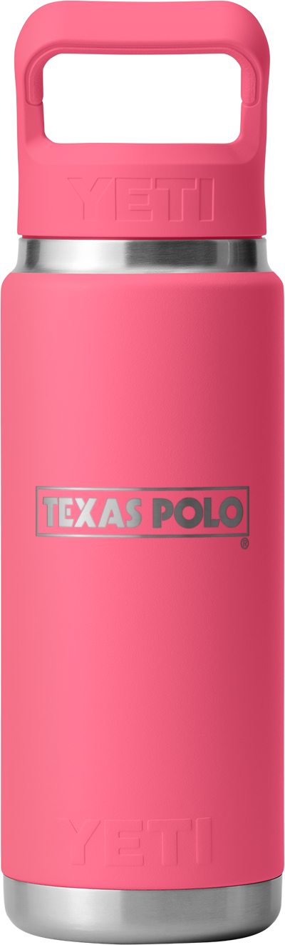 Pink YETI water bottle with Texas Polo logo.