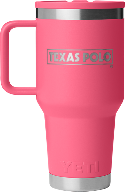 Pink YETI travel mug with Texas Polo logo.
