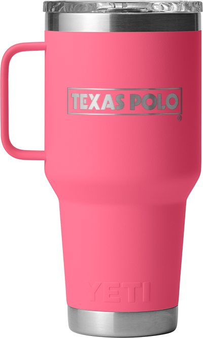 Pink YETI travel mug with Texas Polo logo.
