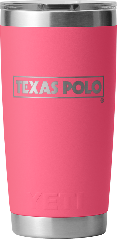 Pink YETI tumbler with Texas Polo logo.