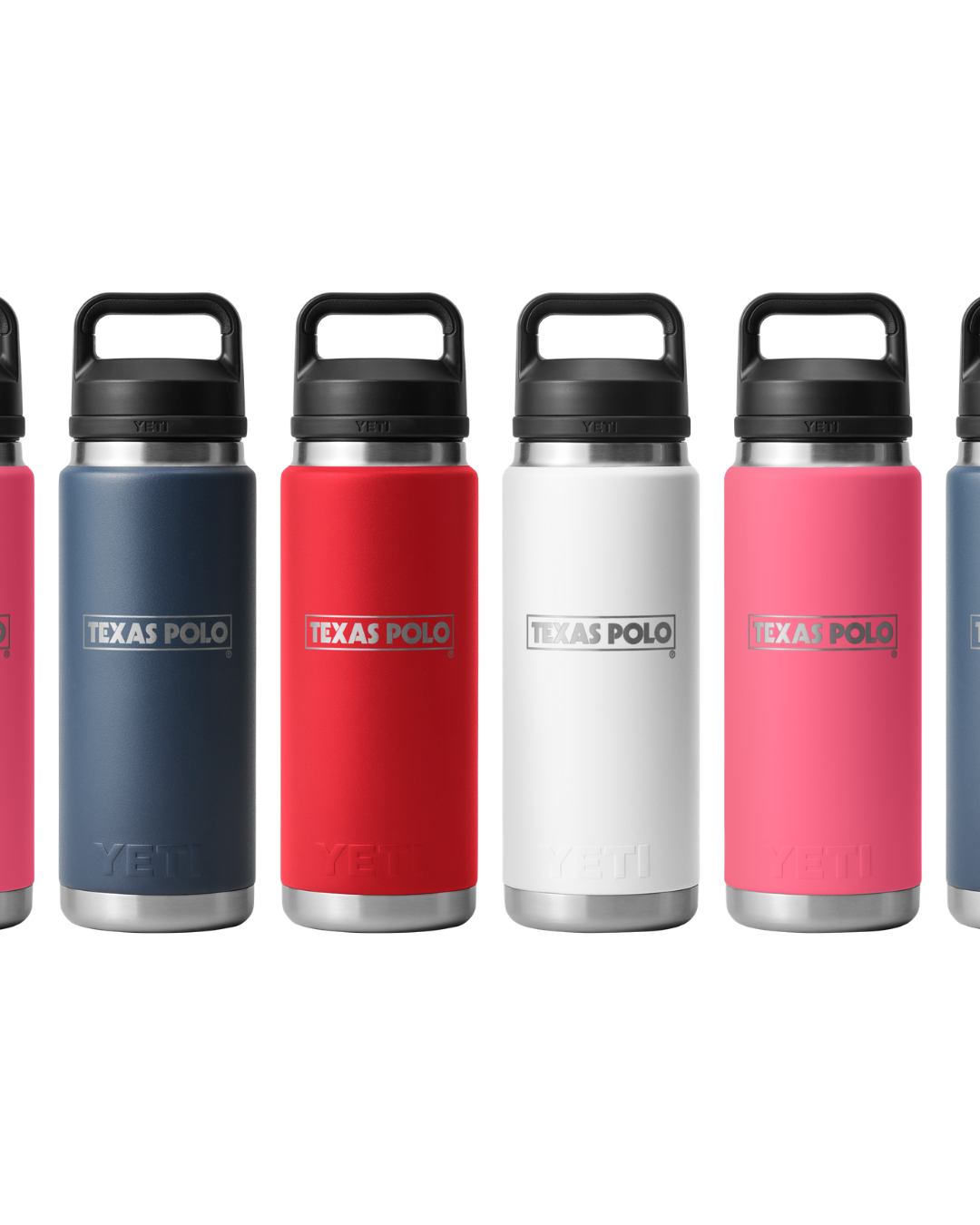 Row of YETI water bottles in navy, red, white, and pink with Texas Polo branding.