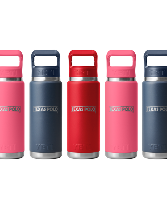 Row of YETI water bottles in navy, red, and pink with Texas Polo branding.