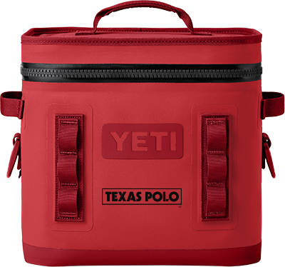 Red YETI cooler with black Texas Polo logo.