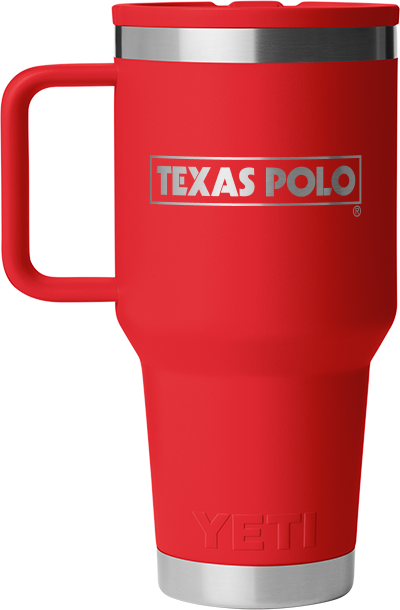 Red YETI travel mug with Texas Polo logo.