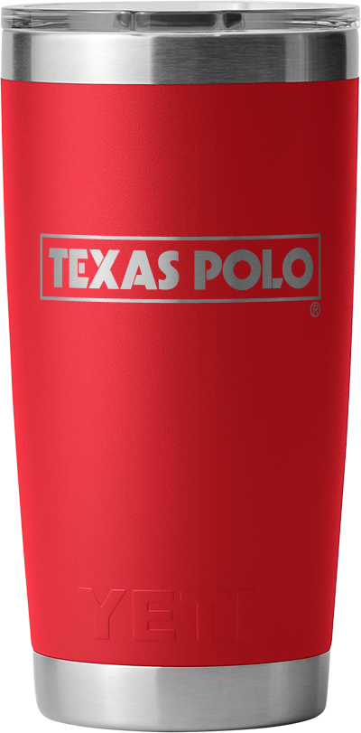 Red YETI tumbler with Texas Polo logo.