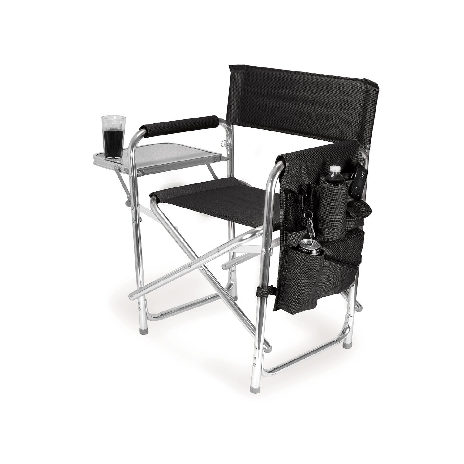 Black folding sports chair with an accessories pocket and fold-out tabletop.
