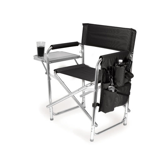 Black folding sports chair with an accessories pocket and fold-out tabletop.