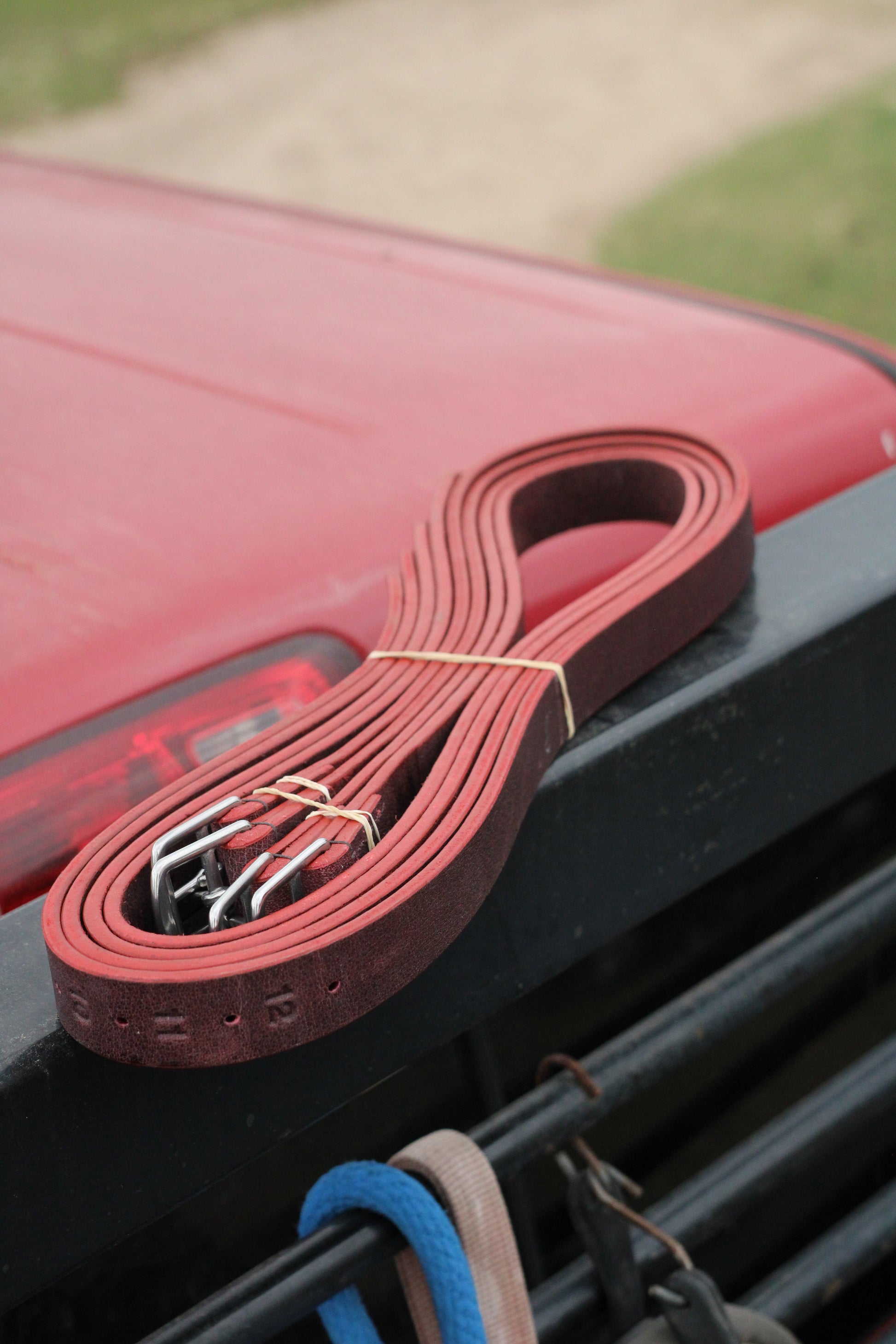 Stirrup leather sitting on the front of a red truck.
