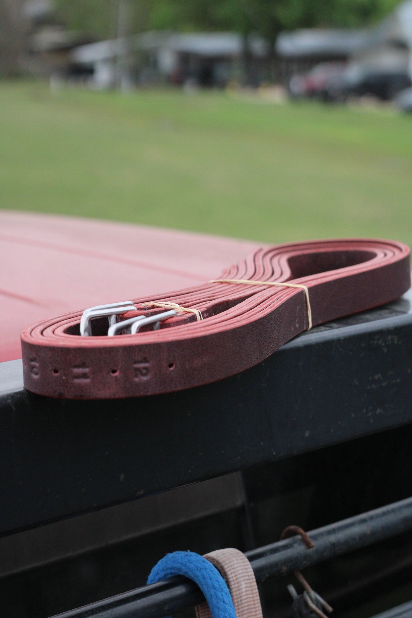 Stirrup leather sitting on the front of a red truck.