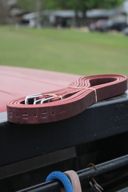 Stirrup leather sitting on the front of a red truck.