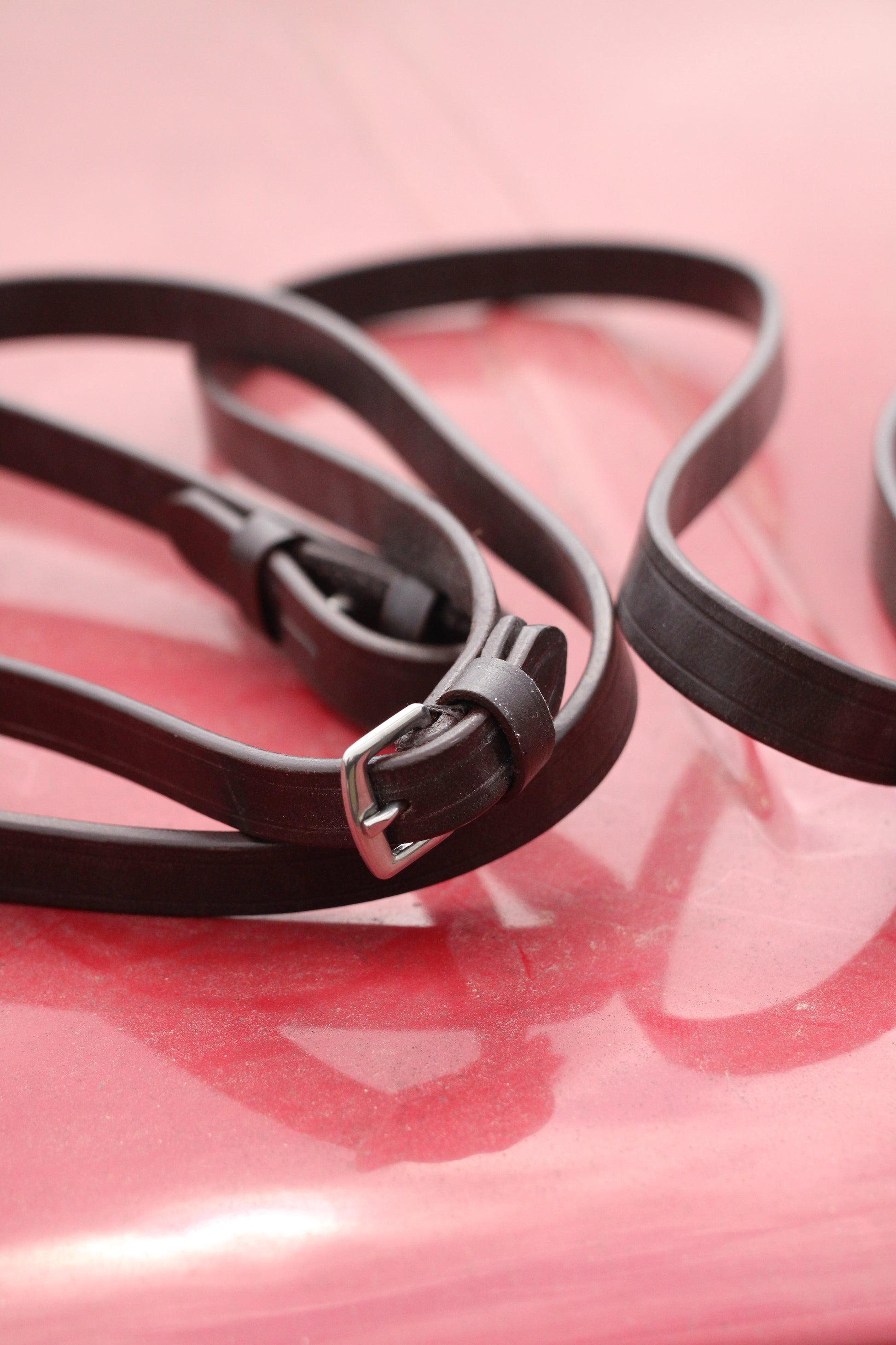 Closeup of brown leather straight reins sitting on a red surface.