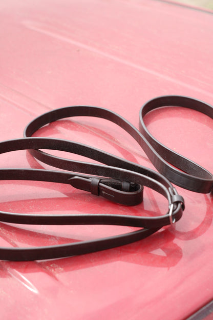Brown leather straight reins sitting on a red surface.