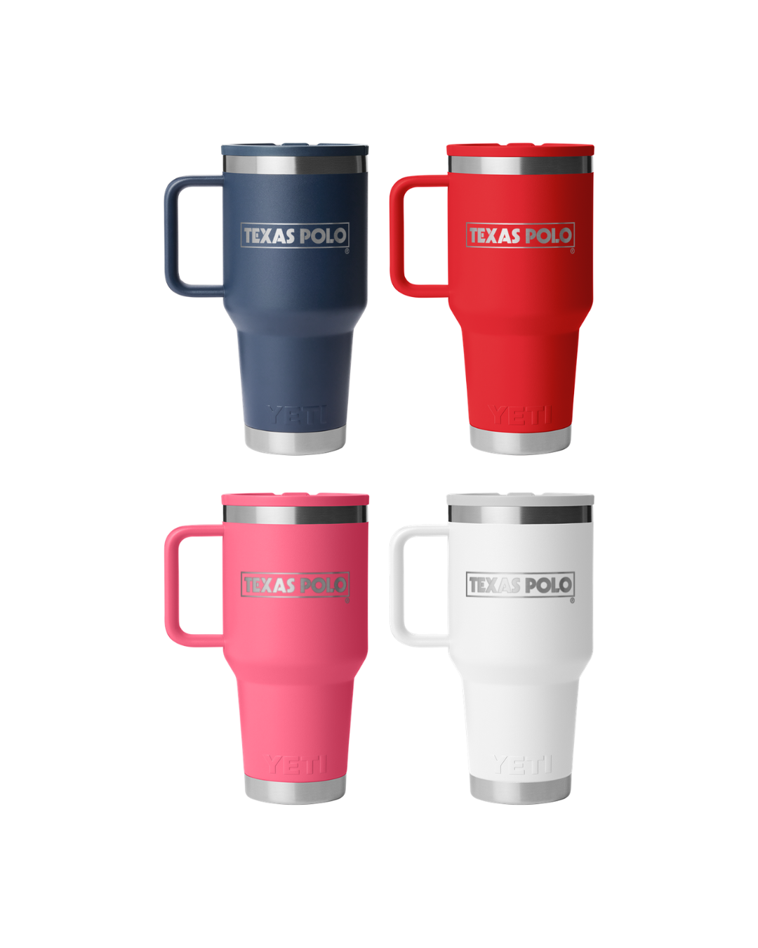 Four YETI travel mugs in navy, red, pink, and white with Texas Polo branding.
