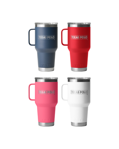 Four YETI travel mugs in navy, red, pink, and white with Texas Polo branding.