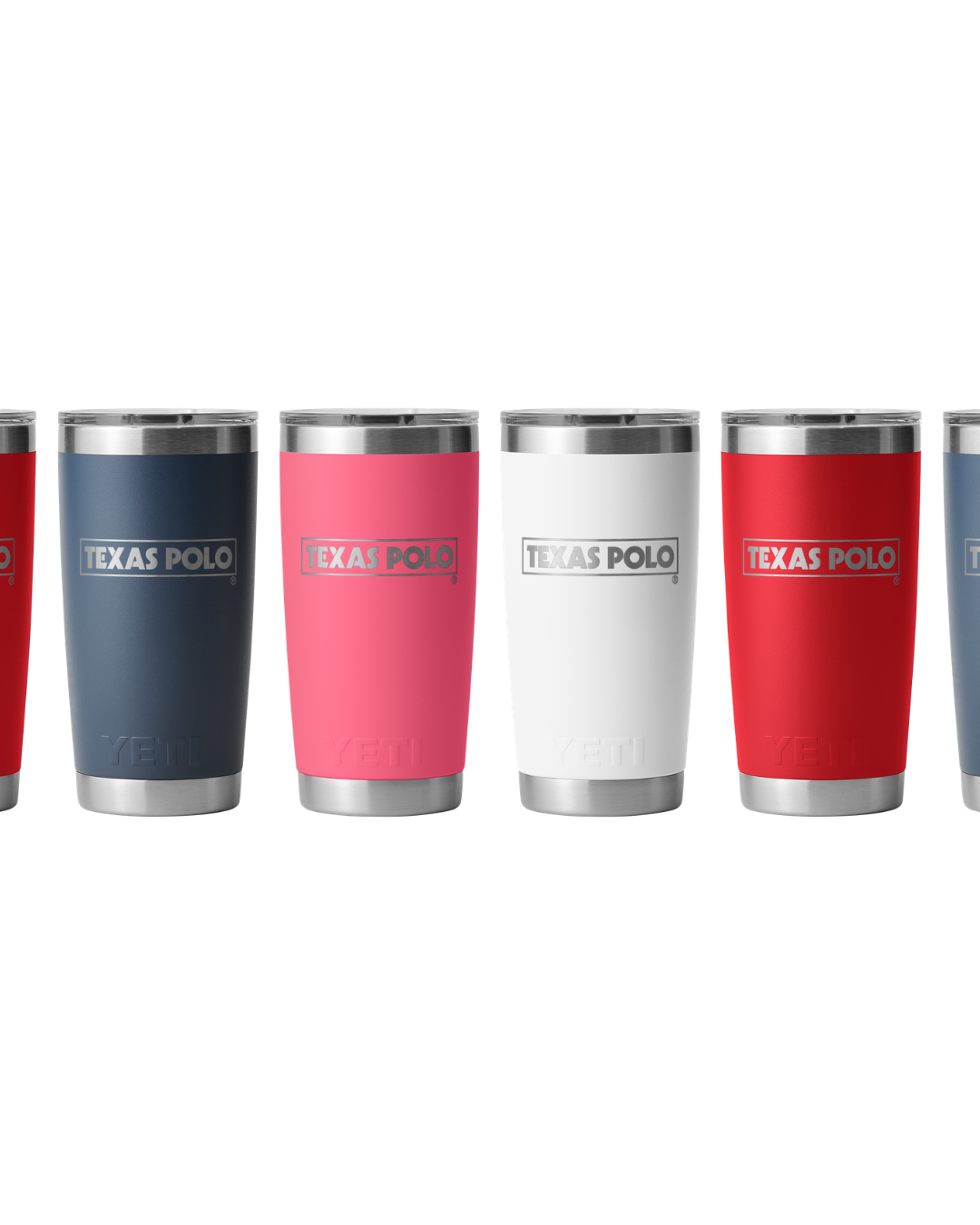 Row of YETI tumblers in navy, pink, white, and red with Texas Polo branding.