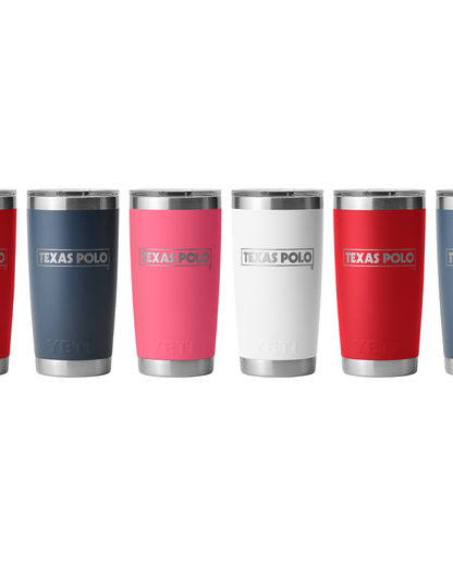Row of YETI tumblers in navy, pink, white, and red with Texas Polo branding.