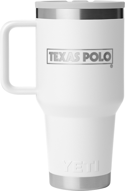 White YETI travel mug with Texas Polo logo.