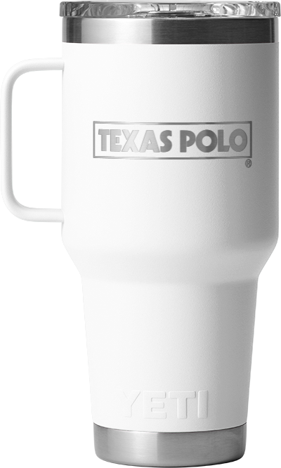 White YETI travel mug with Texas Polo logo.