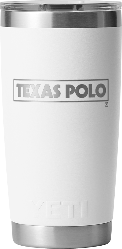 White YETI tumbler with Texas Polo logo.